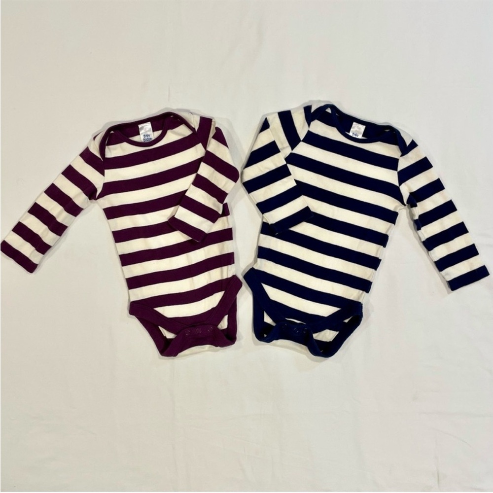 Baby Boden Striped Bodysuits Boys 6-12M 2 Piece Set Long Sleeves Mini Plum Navy - Picture 1 of 7